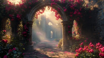 Stone Archway Pathway with Rose Blossoms and Misty Ruins