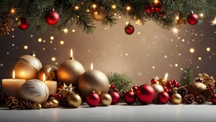 Christmas Background And Decoration With Lights Trees  and Christmas Ornaments 