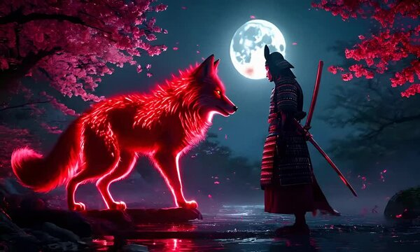 Samurai and Glowing Red Wolf Under Full Moon