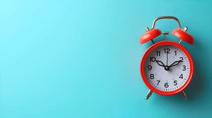 A red alarm clock set against a blue copy space 