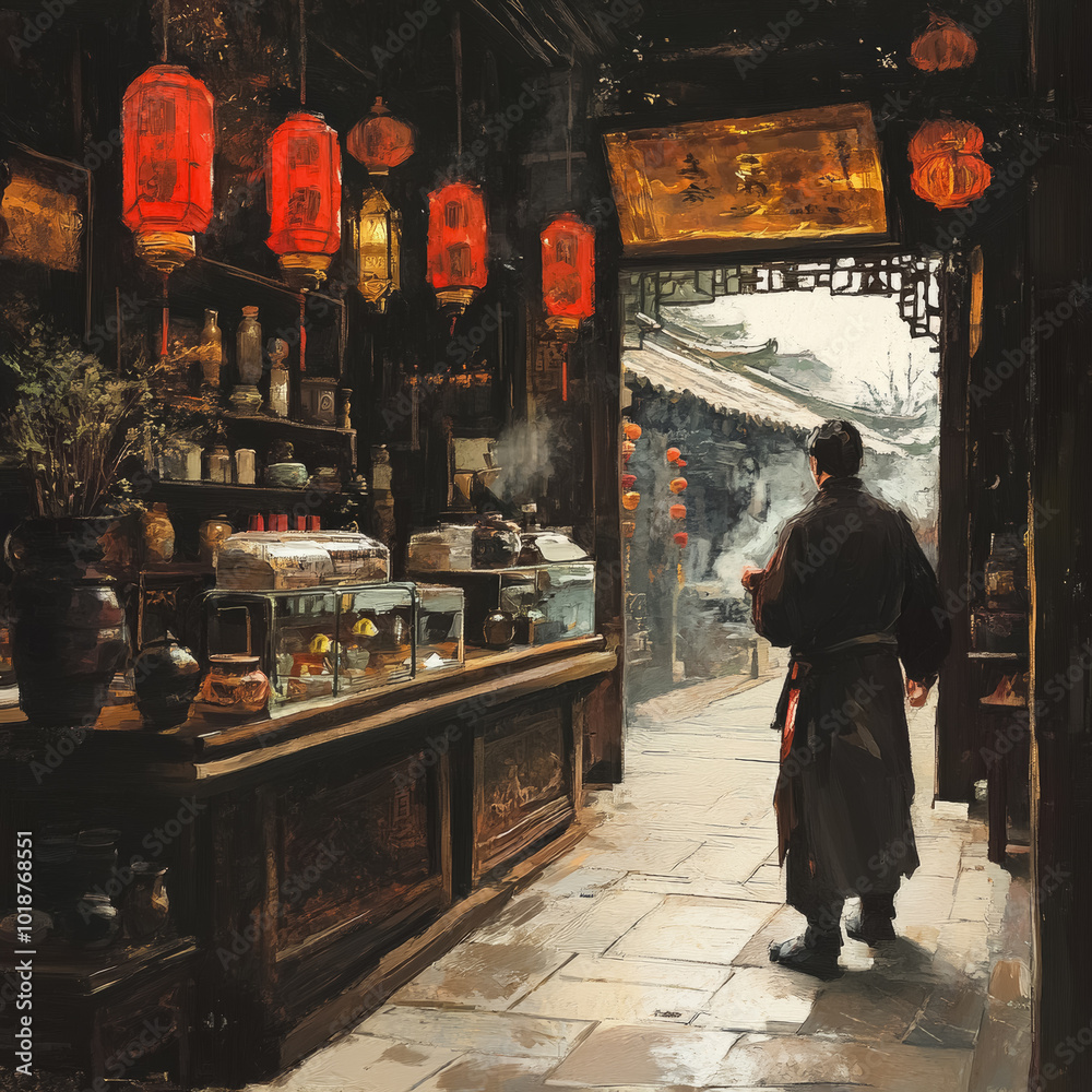 Poster Traditional Chinese tea shop, feudal period, ancient style with oriental culture