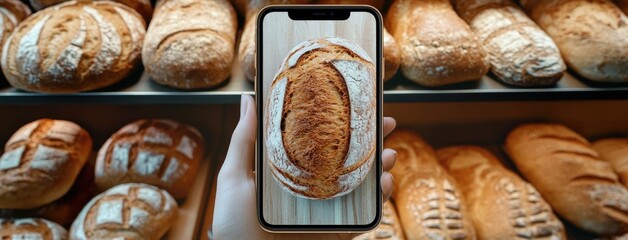 Explore the delightful world of fresh baked goods with a mobile app showcasing artisan breads in a cozy bakery setting