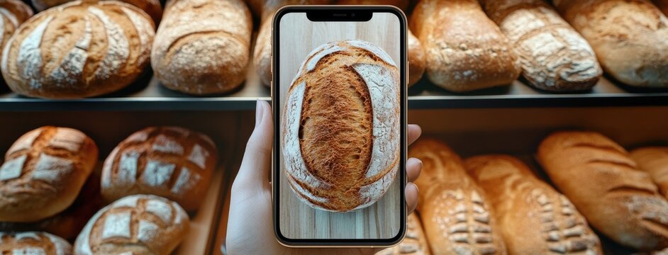Explore the delightful world of fresh baked goods with a mobile app showcasing artisan breads in a cozy bakery setting