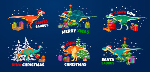 Christmas dinosaur greetings. Cartoon vector festive dino animals wearing santa hats and surrounded by presents, pine trees and snowflakes with playful, traditional holiday merry xmas greeting quotes