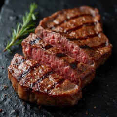 Juicy grilled steak slices served on a dark stone platter with fresh tomatoes and herbs beside it in soft lighting