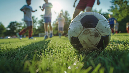 Close up of ball and feet of a soccer player on open field
