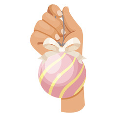 A hand grasping a pink holiday ornament with stripes and a bow, on a white background. Vector illustration