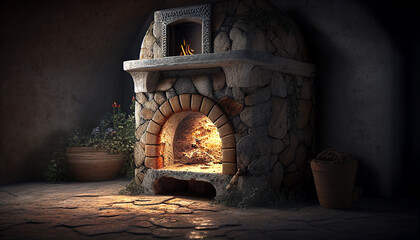 Fototapeta premium Stone Fireplace with Warm Glow and Rustic Charm