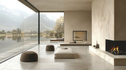 Modern lakefront living room with large windows showcasing serene mountain views and a cozy fireplace