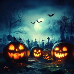 Jack O' Lanterns In Graveyard In The Spooky Night - Halloween Backdrop