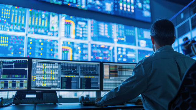 A smart grid control room where engineers use cutting-edge technology to optimize renewable energy distribution across a city. Sleek, professional design with bright visuals.