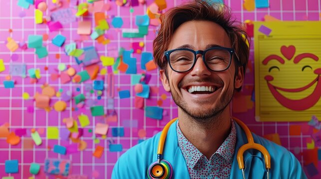 A cheerful healthcare professional smiles warmly in a brightly colored, playful setting filled with colorful sticky notes