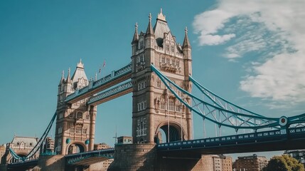 Obraz premium Tower Bridge, a famous London landmark, with its distinctive towers and suspension bridge, against a clear blue sky.