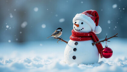 a snowman with a bird on a branch in the snow