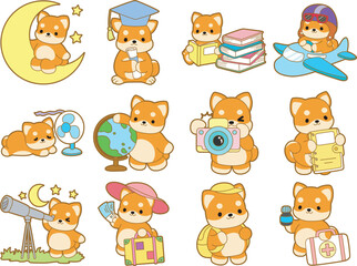 Fototapeta premium Cute puppy kawaii dog lovely animal vector icon. Fluffy Shiba Inu pet stickers. Happy doggy activities illustrations.