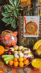 Fototapeta premium A colorful still life with fruits, a piggy bank, a decorative book, and a bowl of coins.