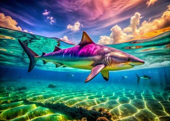 Naklejka premium Enchanting Shark Mermaid Swimming Gracefully Through Crystal Clear Ocean Waters in Vibrant Colors