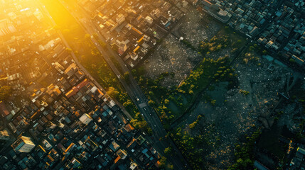 A sprawling urban landscape with pollution and waste contrasted with eco-friendly zones focused on reducing environmental impacts