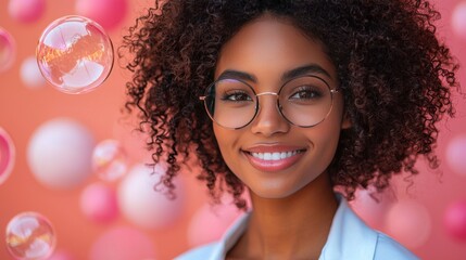 Naklejka premium A young woman with curly hair smiles joyfully against a playful backdrop of pink bubbles in a sunny outdoor setting