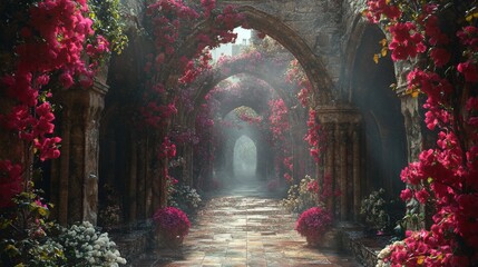 Fototapeta premium Stone Archway Pathway Lined with Vibrant Pink Flowers