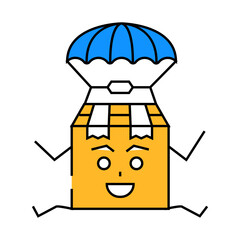 parachute flying cardboard box character line icon vector. parachute flying cardboard box character sign. isolated symbol illustration