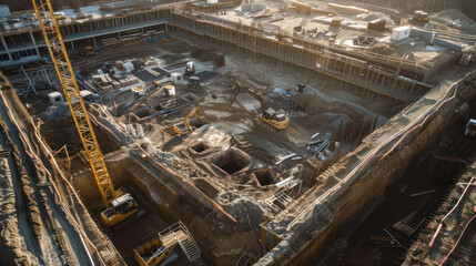 A sustainable construction site where renewable energy and recycled materials are used to reduce the carbon footprint of new buildings