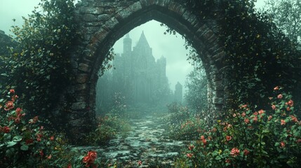 Obraz premium A Stone Archway Leading to a Foggy Castle Through a Garden