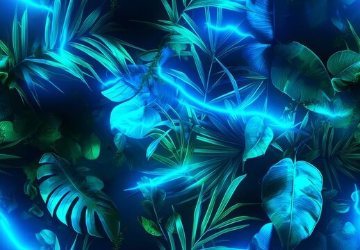 Seamless Green and Blue Neon Light with Tropical Leaves , isolated on white background, , copy space for text,