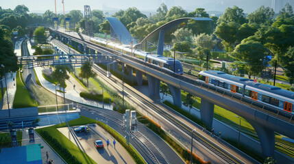 A sustainable transport hub with electric trains, bike lanes, and public transport powered by renewable energy
