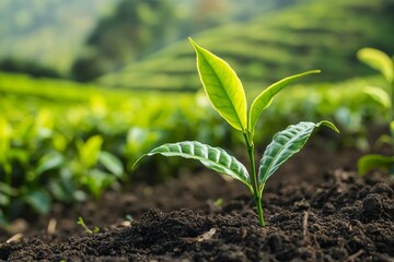 Green Tea Plant Sprout in Coffee Plantation Field. AI generated illustration