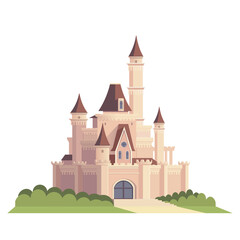 A beautiful castle with towers and a pathway, set against greenery. Vector illustration © GN.STUDIO