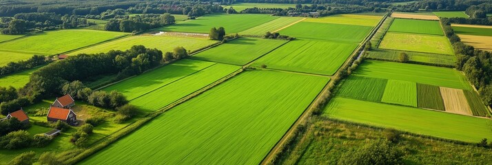 A large field of green grass with a red house in the background. The house is surrounded by trees and the field is full of life