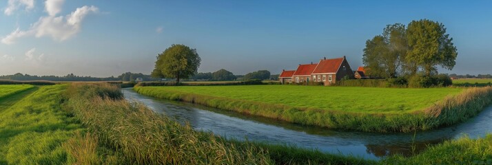 Fototapeta premium A beautiful landscape with a house and a river. The house is old and has a red roof. The grass is green and the sky is blue