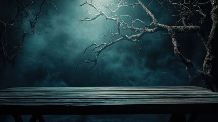 Old wood table and silhouette dead tree at night for Halloween background.