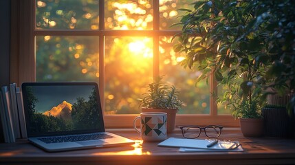 A laptop, coffee mug, notebook, and glasses on a window sill with a view of a sunset.