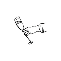 Freehand organic illustration of a hand holding glass. Hand made doodle drawing with pencil texture. Vector isolated on white background.