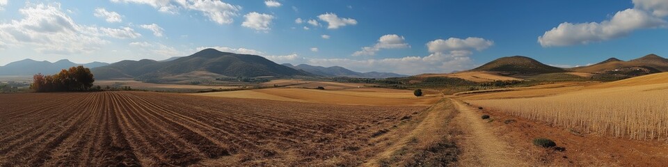 A wide shot of a field with a few trees in the background. The sky is blue and there are some clouds