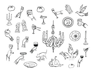 Collection of hand drawn doodle illustrations - hands, glasses, animals, candles, decorative objects. Handmade vector drawings. Isolated on white background.