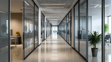 Obraz premium Modern Office Hallway with Glass Partitions and Light Flooring
