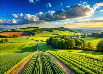Expansive Agriculture Fields with Lush Green Crops Under a Clear Blue Sky in Rural Landscape