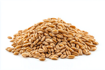 A close-up of a pile of spelt grains on a white background.