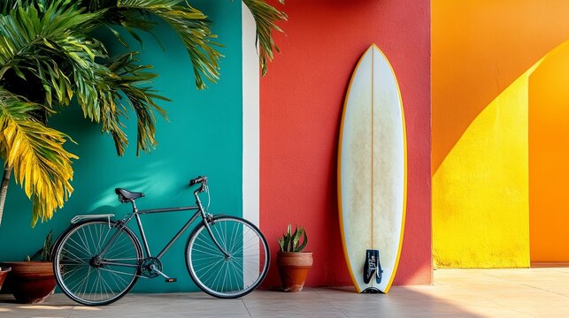 In a vibrant room, a bicycle and surfboard lean against a colorful wall, creating an unexpected and eye-catching display