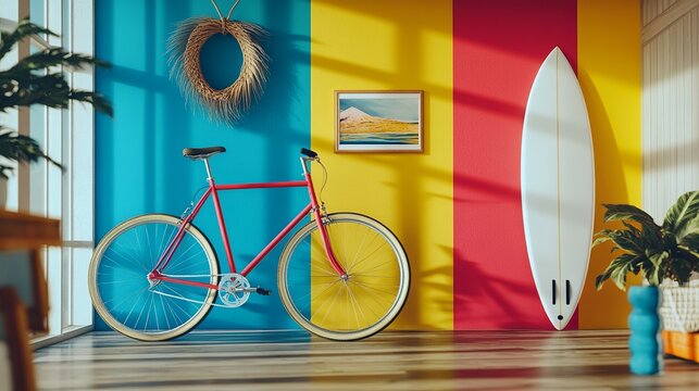 In a vibrant room, a bicycle and surfboard lean against a colorful wall, creating an unexpected and eye-catching display