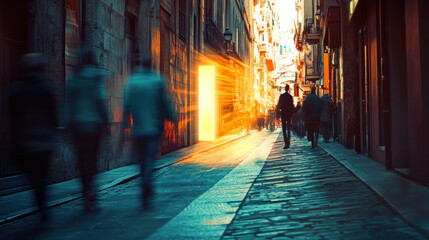 Fototapeta premium Glowing Portal in a Crowded City Alley, Casting Warm Light. Secret Doorway In City