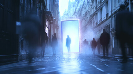 Ethereal Blue Doorway on a Misty City Street, Like a Portal to Another Realm. Secret Doorway In City