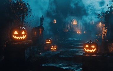 Fototapeta premium Evil atmosphere in a graveyard at night, jack o lantern pumpkins glowing, mist surrounding a haunted house or castle, perfect for spooky season 
