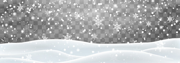 Christmas snow. Falling snowflakes on png background. Vector heavy snowfall. White snowflakes flying in the air. Snow flakes, snow and blizzard. Vector illustration isolated on transparent.