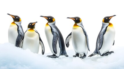 Fototapeta premium Five King Penguins Standing on Ice Against a White Background