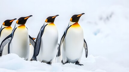 King Penguins Standing on Snowy Ground in Antarctica