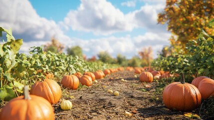Pumpkin patch on sunny Autumn day. Beautiful fall scene.